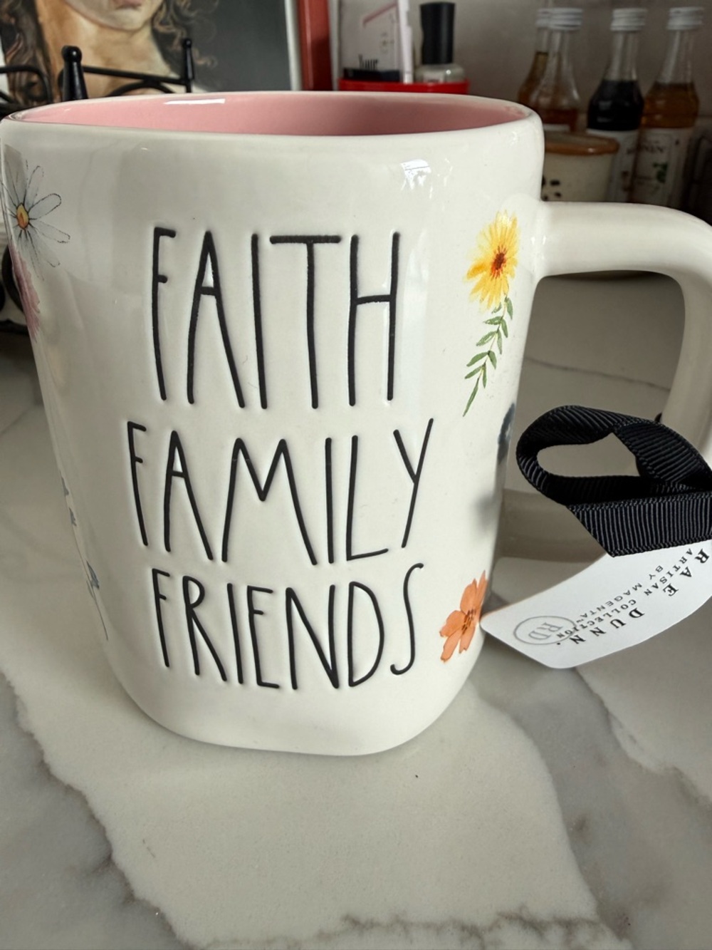 Rae Dunn Cream Ceramic Mug with Pink Interior and Floral Accents